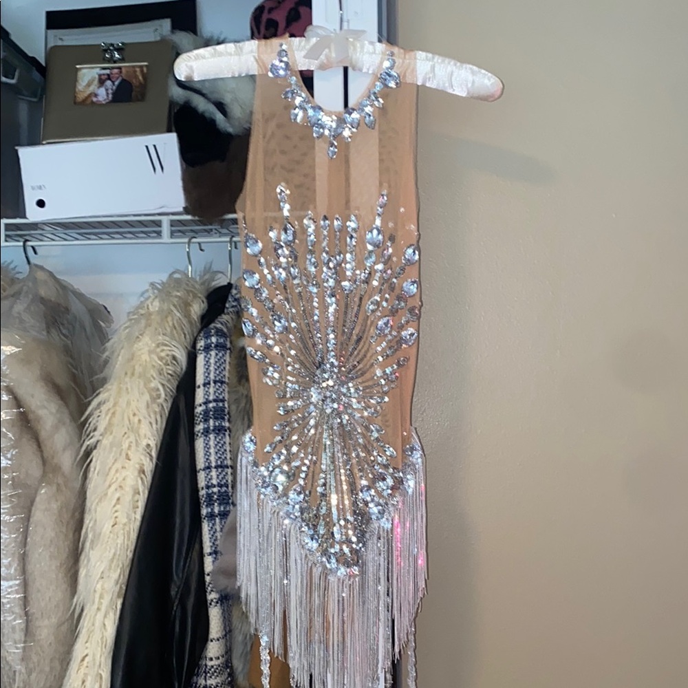 Beaded Fringe Dress in Tan and Silver